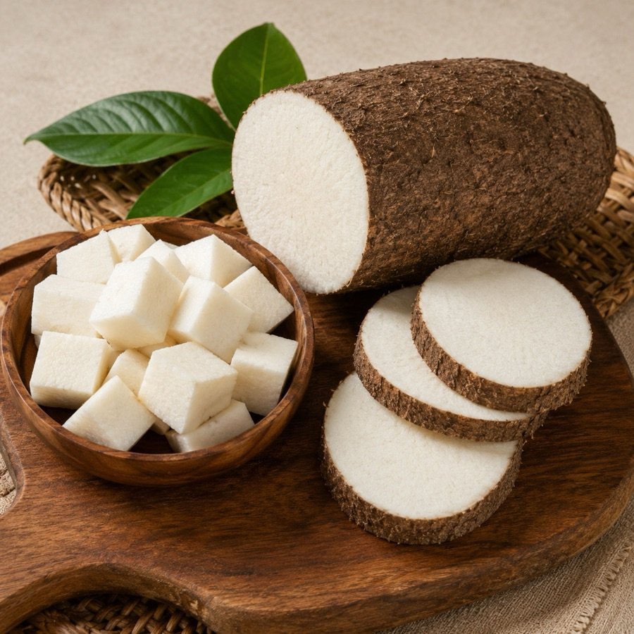 Fresh Ghanaian yam — whole tuber, slices, and diced cubes on a wooden board